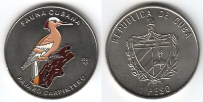 монета Куба 1 песо 2001 год Кубинский зелёный дятел, эмаль