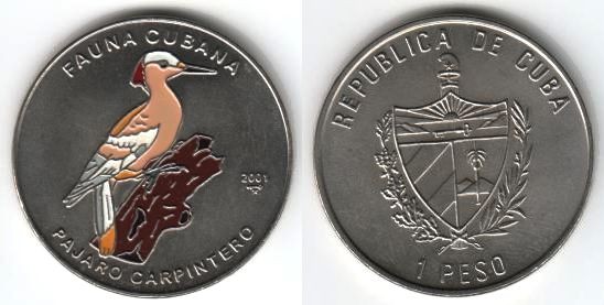 монета Куба 1 песо 2001 год Кубинский зелёный дятел, эмаль