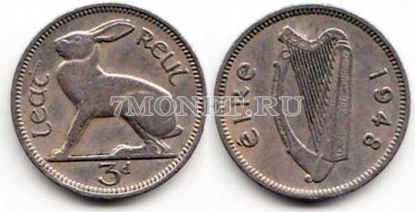 монета Ирландия 3 пенса 1948 год Заяц