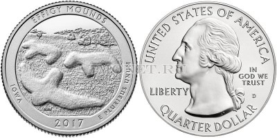США 25 центов 2017D год штат Айова Национальный памятник Эффиджи-Маундз, 36-й