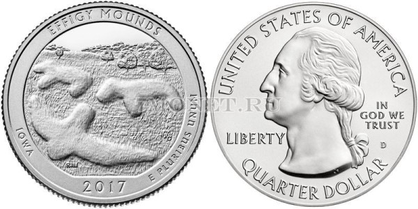 США 25 центов 2017D год штат Айова Национальный памятник Эффиджи-Маундз, 36-й