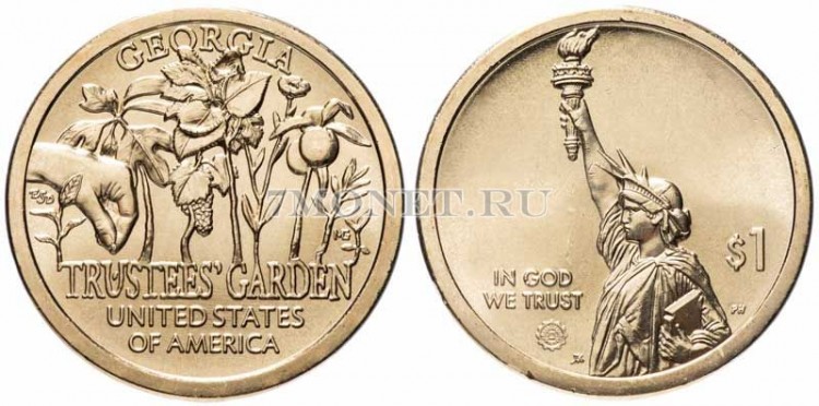 монета США 1 доллар 2019D год, серия Инновации США - Сад попечителей