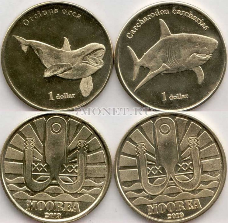 Остров Муреа набор из 2-х монет 1 доллар 2019 год Белая Акула и Косатка