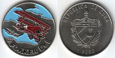 монета Куба 1 песо 1994 год Известные самолёты Истребитель FOKKER Dr.