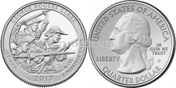 США 25 центов 2017P год штат Индиана Национальный исторический парк имени Дж. Р. Кларка, 40-й