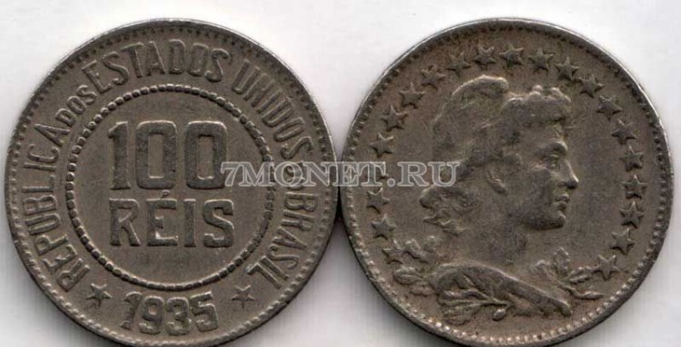 монета Бразилия 100 рейс 1935 год