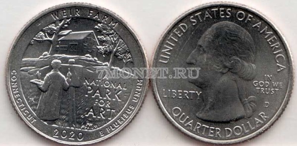 США 25 центов 2020D год Коннектикут Национальный парк Вейр Фарм, 52-й
