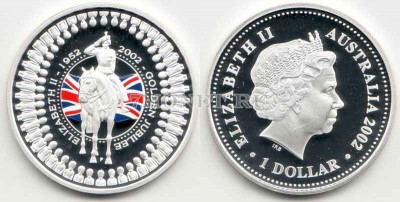 монета Австралия 1 доллар 2002 год золотой юбилей королевы, эмаль, PROOF
