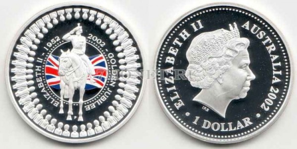 монета Австралия 1 доллар 2002 год золотой юбилей королевы, эмаль, PROOF