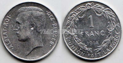 монета Бельгия 1 франк 1914 год Король Альберт I «DES BELGES»