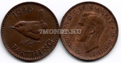 монета Великобритания 1 фартинг 1946 год Георг VI