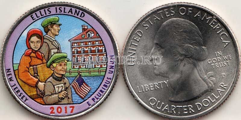 США 25 центов 2017 год штат Нью-Джерси Национальный монумент острова Эллис, 39-й, эмаль