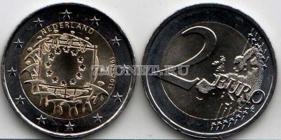 монета Нидерланды 2 евро 2015 год Общеевропейская серия - 30 лет флагу Европы