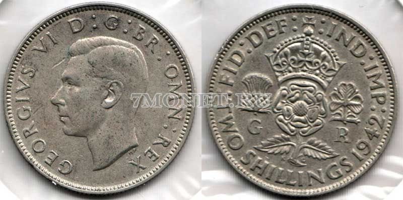 монета Великобритания 2 шиллинга 1942 год Георг VI