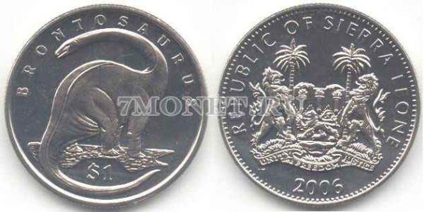 монета Cьерра-Леоне 1 доллар 2006 года Бронтозавр
