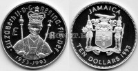монета Ямайка 10 долларов 1993 год 40 лет коронации королевы Елизаветы II PROOF