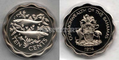 монета Багамы 10 центов 1974 год Рыба