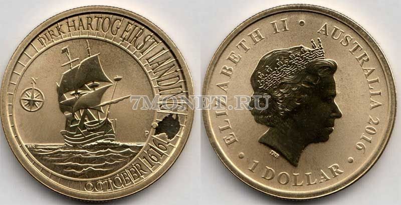 монета Австралия 1 доллар 2016 год Корабль Хартога «Согласие»