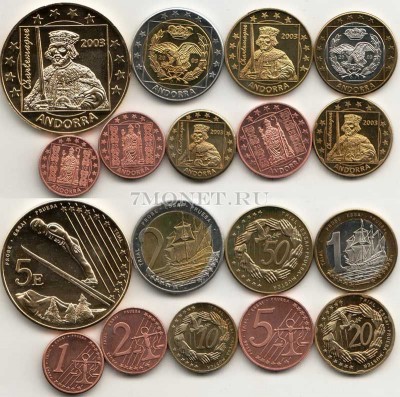 Андорра ЕВРО пробный набор из 9-ми монет 2003 год, в банковской коробке