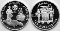 монета Ямайка 10 долларов 1994 год королевский визит PROOF