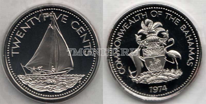 монета Багамы 25 центов 1974 год Парусник