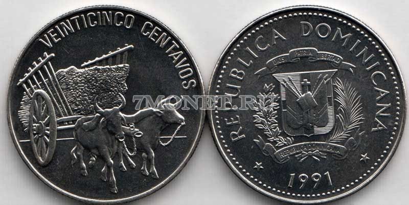 монета Доминикана 25 сентаво 1991 год