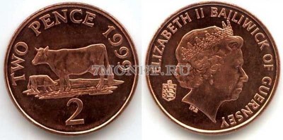 монета Гернси 2 пенса 1999 год