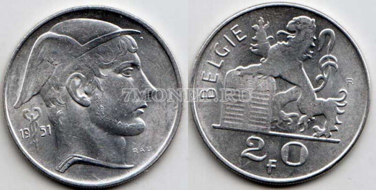 монета Бельгия 20 франков 1951 год «BELGIE»