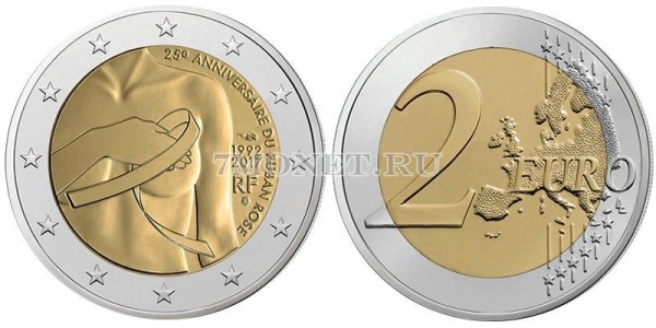 монета Франция 2 евро 2017 год 25 лет Розовой ленте