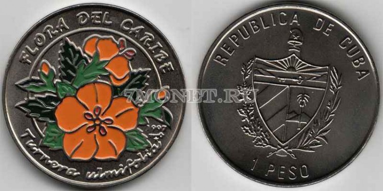 монета Куба 1 песо 1997 год цветок Turnera Ulmifola