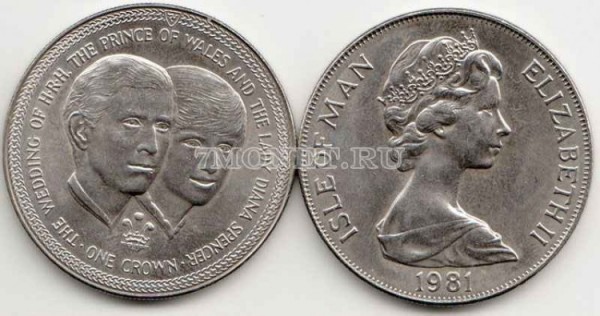 монета Остров Мэн 1 крона 1981 год свадьба принца Чарльза и леди Дианы