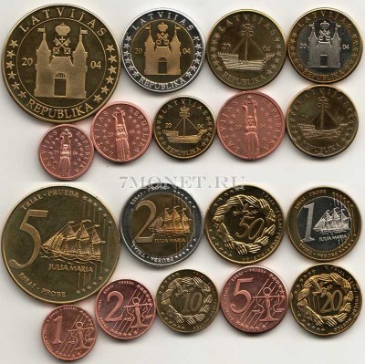 ЕВРО пробный набор из 9-ми монет Латвия 2004 год, в банковской коробке