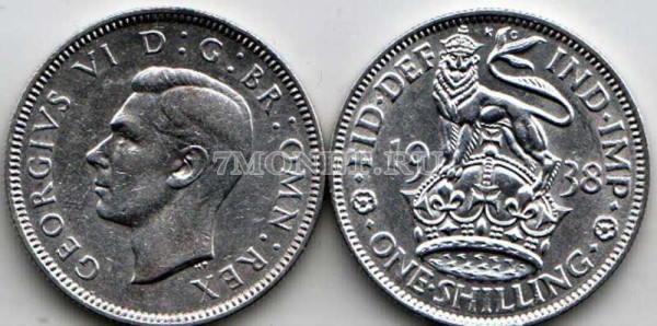 монета Великобритания 1 шиллинг (англ.) 1938 год Георг VI