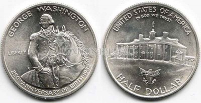 монета США 1/2 доллара 1982D год Джордж Вашингтон 250 лет со дня рождения