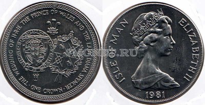 монета Остров Мэн 1 крона 1981 год свадьба принца Чарльза и леди Дианы (гербы)