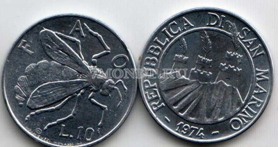 монета Сан Марино 10 лир 1974 год F.A.O, пчела