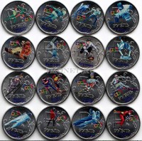 Набор из 16-ти монет 1 рубль 2014 год Олимпийские зимние виды спорта. Цветная эмаль. Неофициальный выпуск