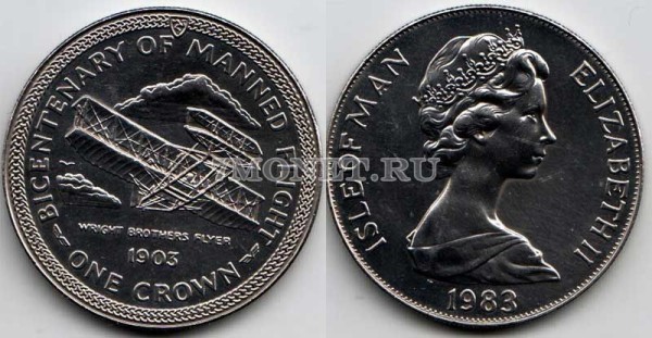 монета Остров Мэн 1 крона 1983 год 200 лет управляемым полётам