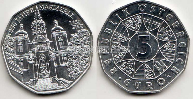 монета Австрия 5 евро 2007 год 850 лет Базилике Мариацелль