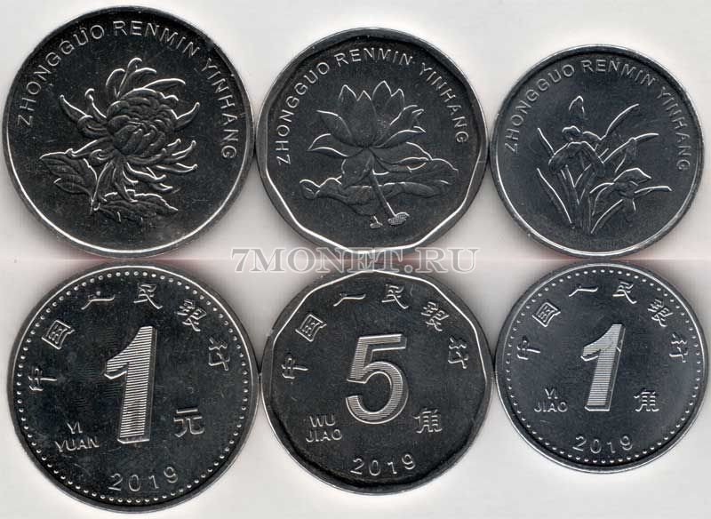 Китай набор из 3-х монет 1 юань, 1 цзяо, 5 цзяо 2019 год