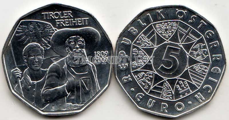 монета Австрия 5 евро 2009 год 200 лет Тирольскому восстанию 1809 года