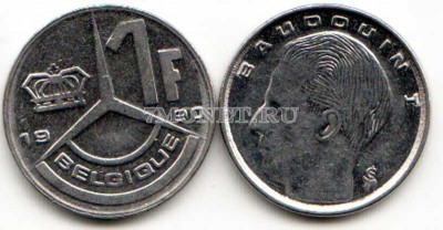 Бельгия 1 франк 1989-1993 годы Король  Бельгии Бодуэн I, надпись на французск...