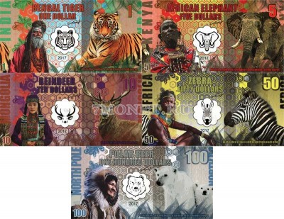 набор из 5-ти сувенирных банкнот 2017 год Животные регионов