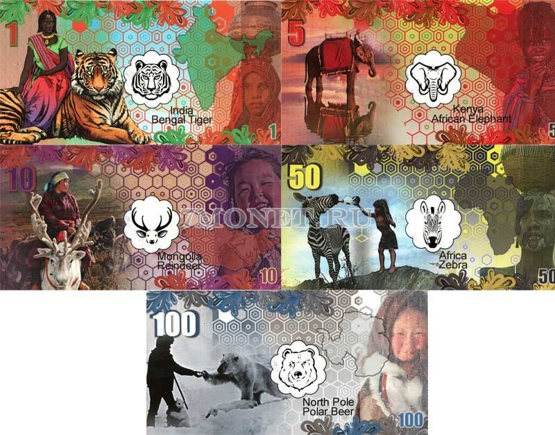 набор из 5-ти сувенирных банкнот 2017 год Животные регионов