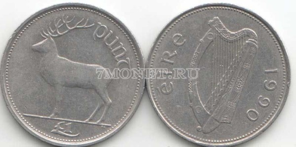 монета Ирландия 1 фунт 1990 год Благородный олень