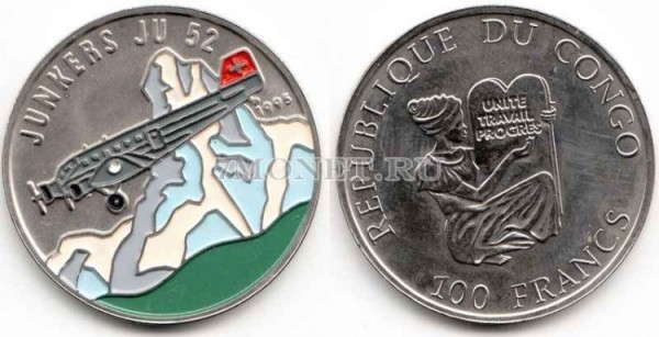 монета Конго 100 франков 1995 год самолет