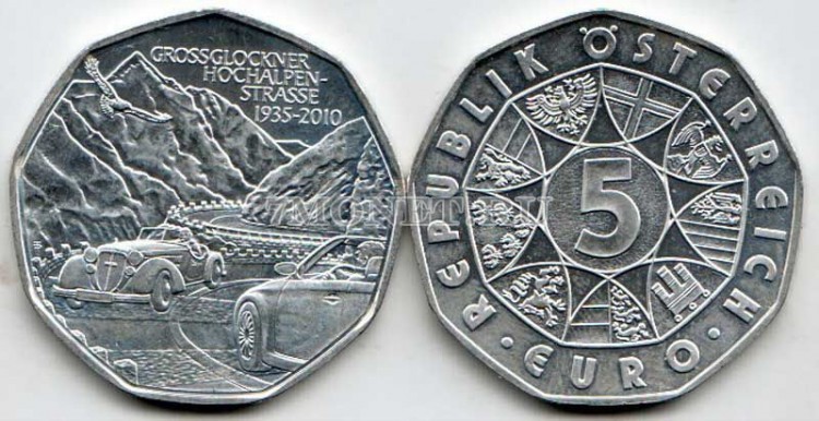 монета Австрия 5 евро 2010 год 75 лет альпийской дороге Гросглоккнер