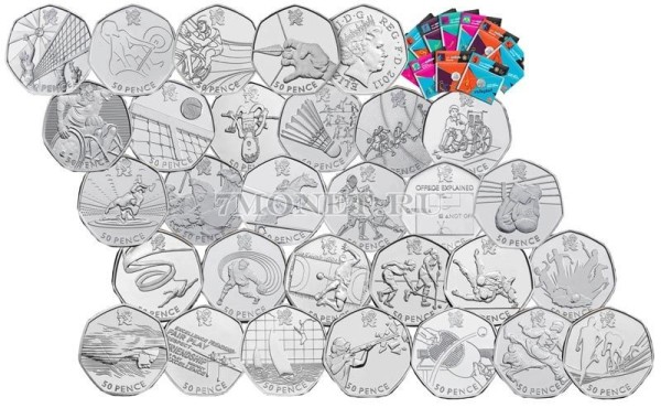 Великобритания набор из 29 монет 50 пенсов 2011 Олимпиада Лондон 2012  в буклетах