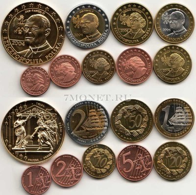 ЕВРО пробный набор из 9-ми монет Польша 2004 год, в банковской коробке