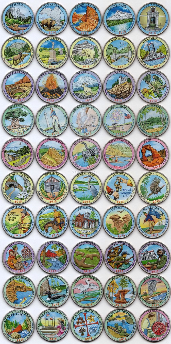  США набор из 50 квотеров 2010 - 2019 гг. Национальные парки, эмаль 